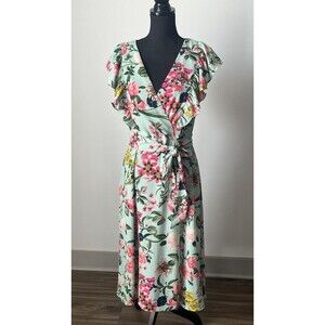 Eliza J Floral  Faux Wrap Flutter Sleeve Women's Mint Green Midi Dress Size 8